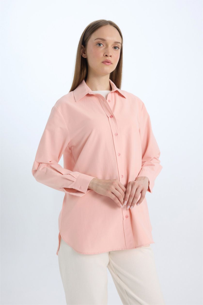 Kadın Koyu Pembe Relax Fit Basic Düz Poplin Uzun Kollu Gömlek Tunik