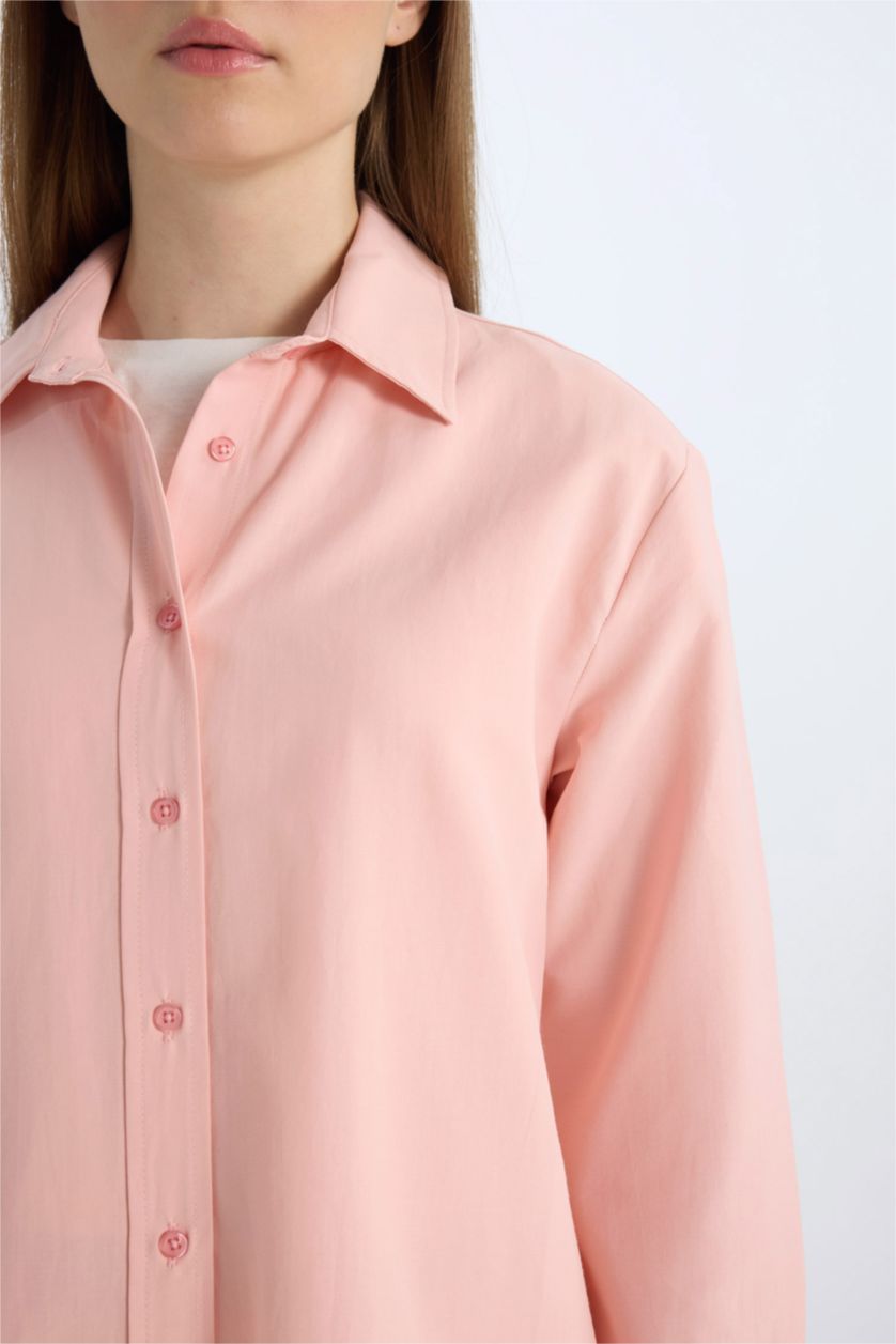 Kadın Koyu Pembe Relax Fit Basic Düz Poplin Uzun Kollu Gömlek Tunik