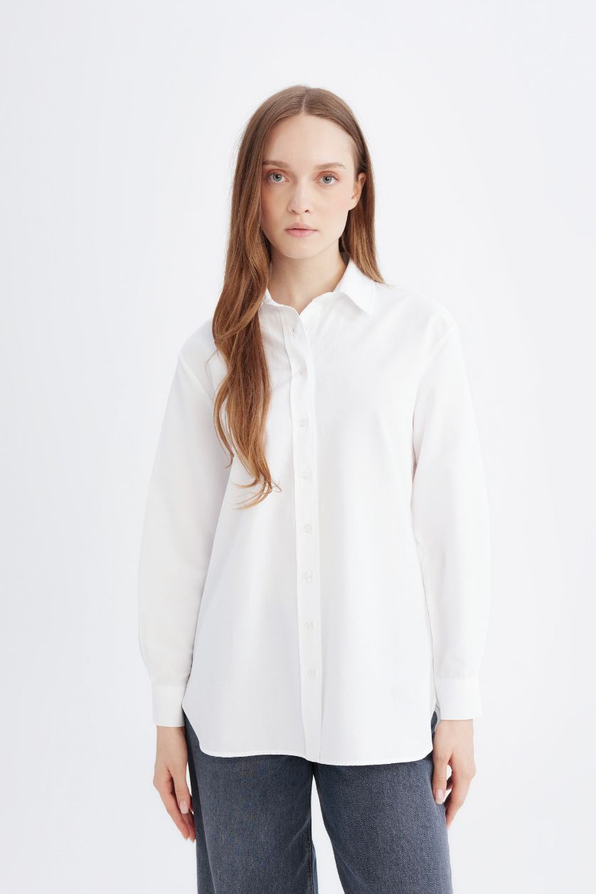 Kadın Kırık Beyaz Relax Fit Basic Düz Poplin Uzun Kollu Gömlek Tunik