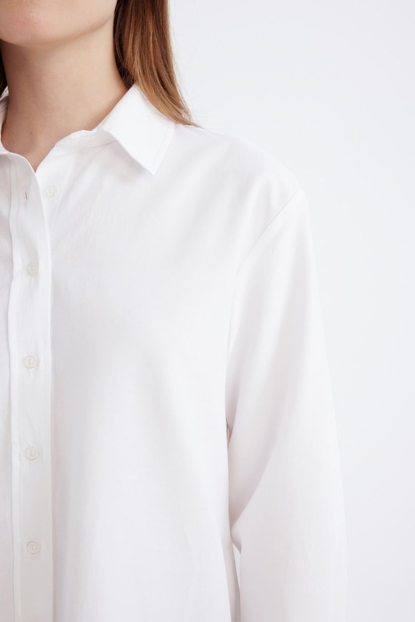 Kadın Kırık Beyaz Relax Fit Basic Düz Poplin Uzun Kollu Gömlek Tunik