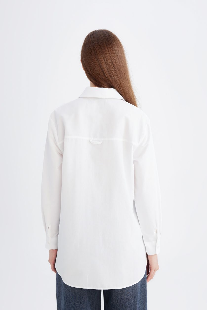 Kadın Kırık Beyaz Relax Fit Basic Düz Poplin Uzun Kollu Gömlek Tunik