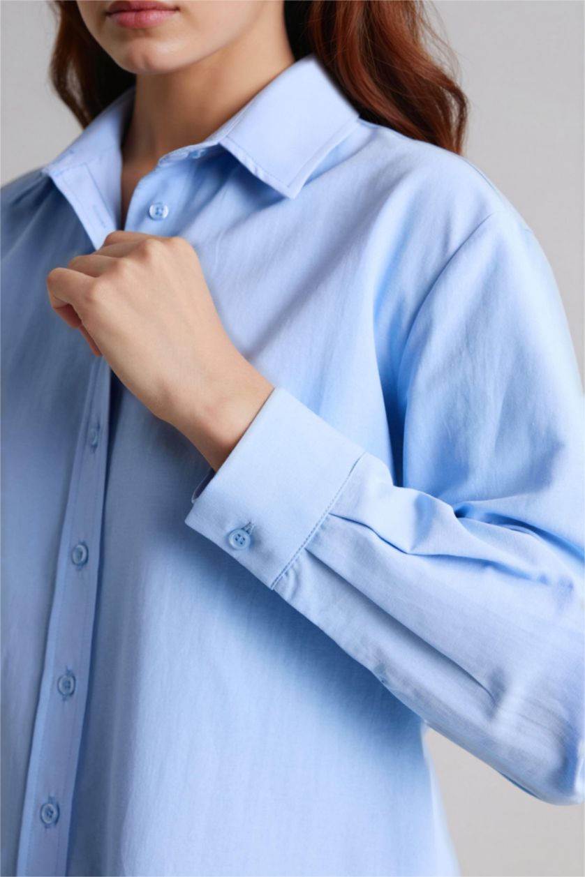 Kadın Açık Mavi Relax Fıt Gömlek Yaka Poplin Tunik