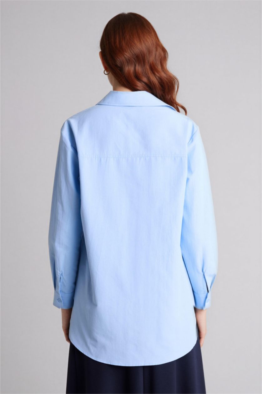 Kadın Açık Mavi Relax Fıt Gömlek Yaka Poplin Tunik