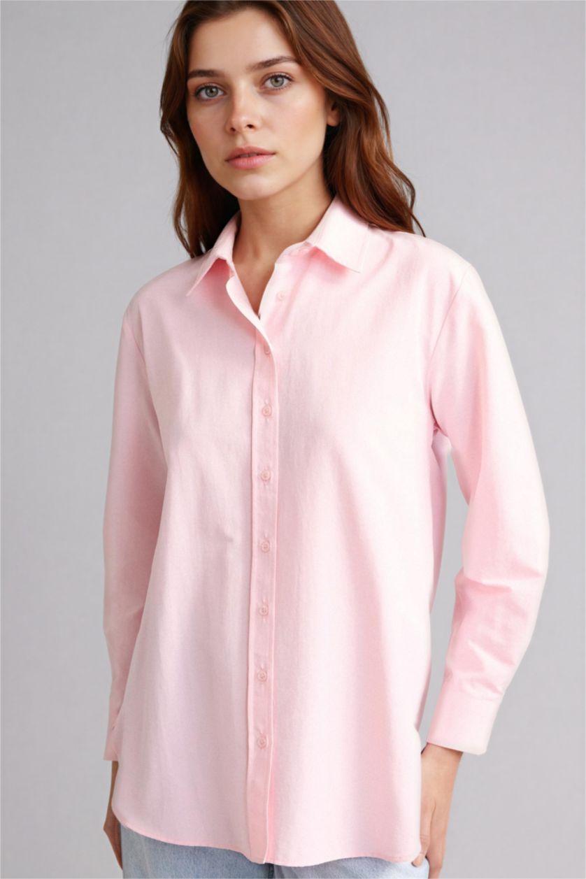 Woman Light Pink Relax Fit Poplin Shirt Collar Long Sleeve Tunic