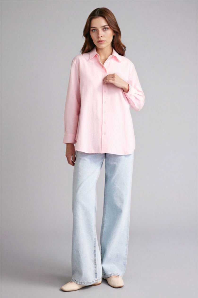Woman Light Pink Relax Fit Poplin Shirt Collar Long Sleeve Tunic