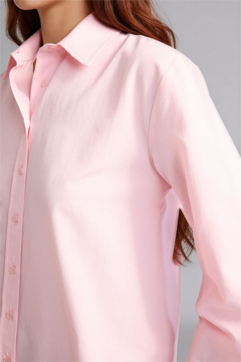 Woman Light Pink Relax Fit Poplin Shirt Collar Long Sleeve Tunic