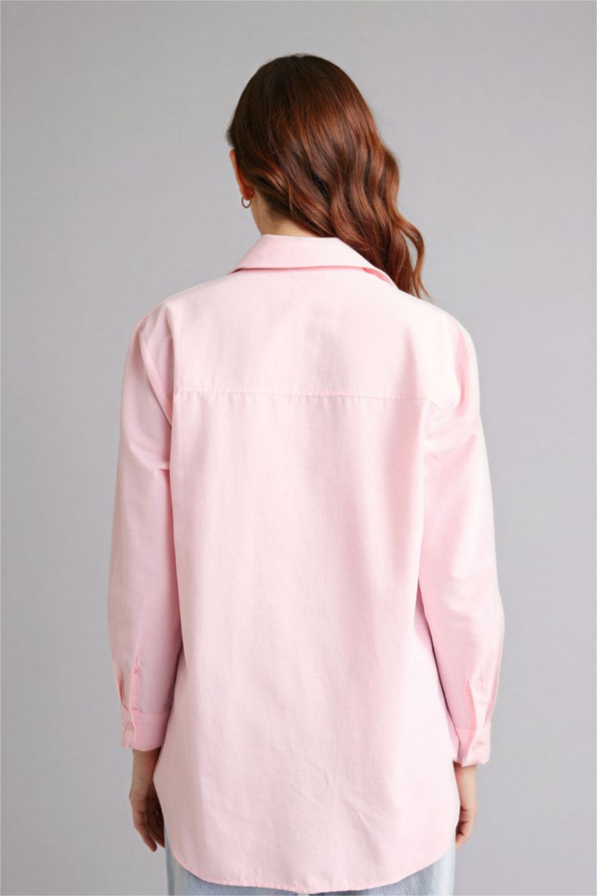 Woman Light Pink Relax Fit Poplin Shirt Collar Long Sleeve Tunic