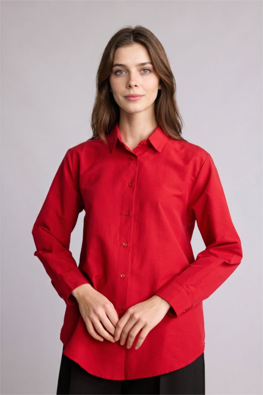 Kadın Koyu Kırmzı Relaxed Fit Uzun kollu Poplin Tunik