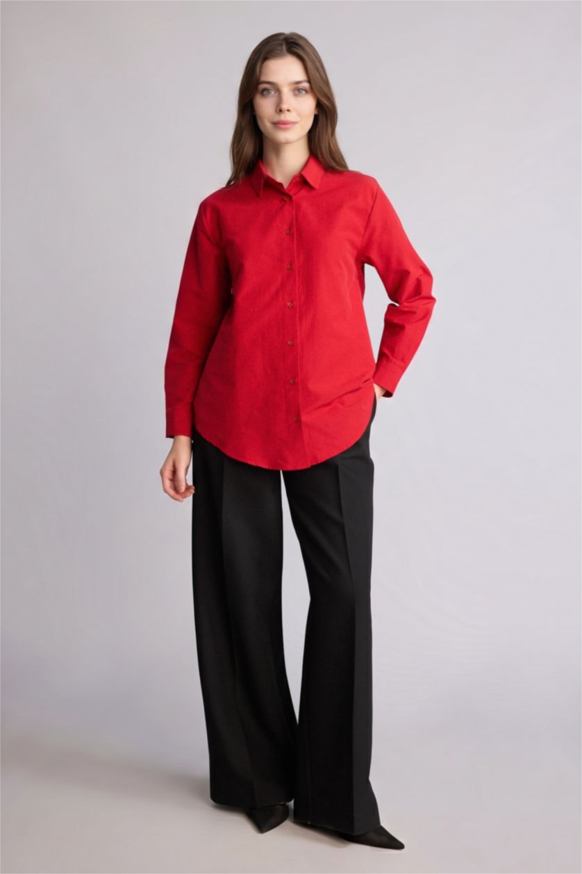 Kadın Koyu Kırmzı Relaxed Fit Uzun kollu Poplin Tunik