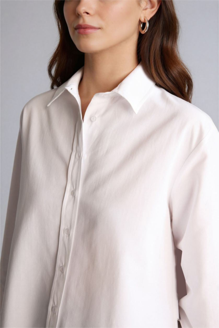 Kadın Kırık Beyaz Relax Fıt Gömlek Yaka Poplin Uzun Kollu Tunik