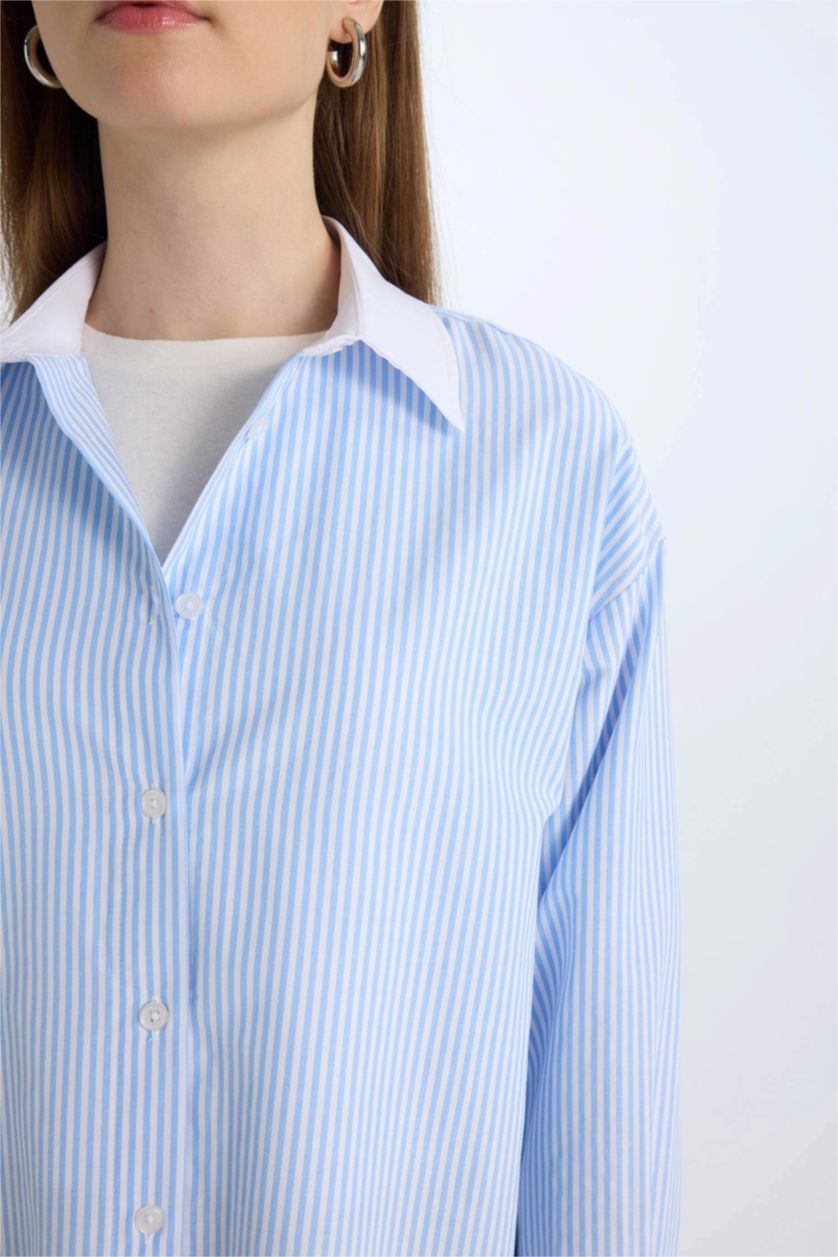 Kadın Mavi Relax Fit Çizgili Poplin Uzun Kollu Gömlek Tunik
