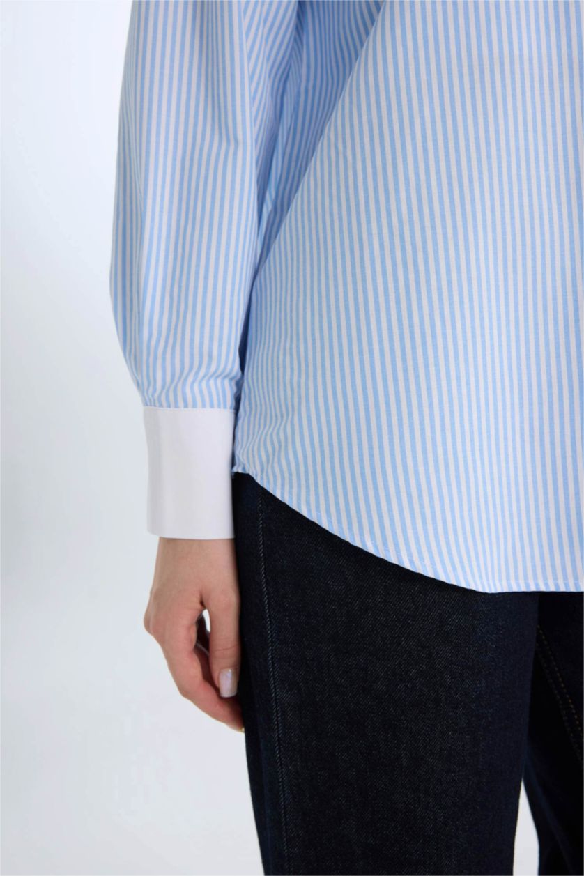 Kadın Mavi Relax Fit Çizgili Poplin Uzun Kollu Gömlek Tunik