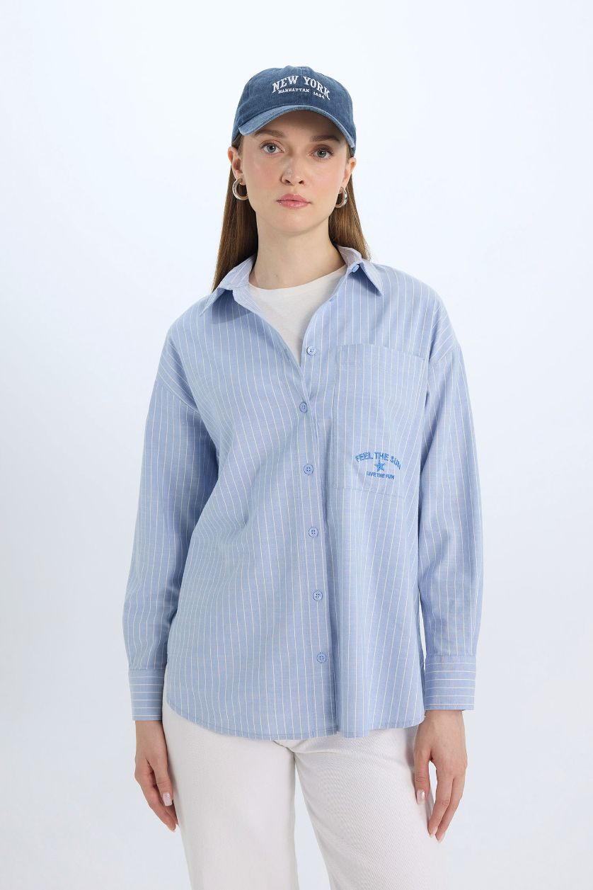 WOMAN Blue Relax Fit Poplin Shirt Collar Long Sleeve Tunic