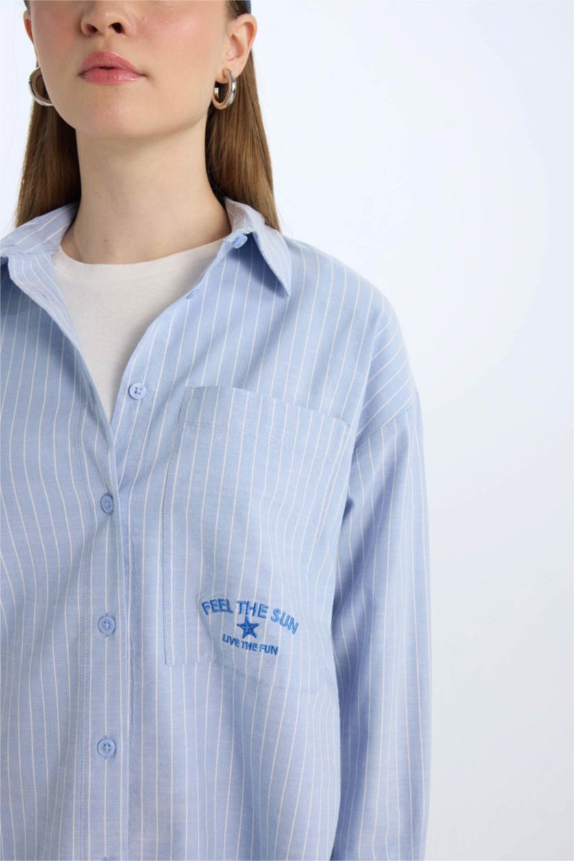 WOMAN Blue Relax Fit Poplin Shirt Collar Long Sleeve Tunic