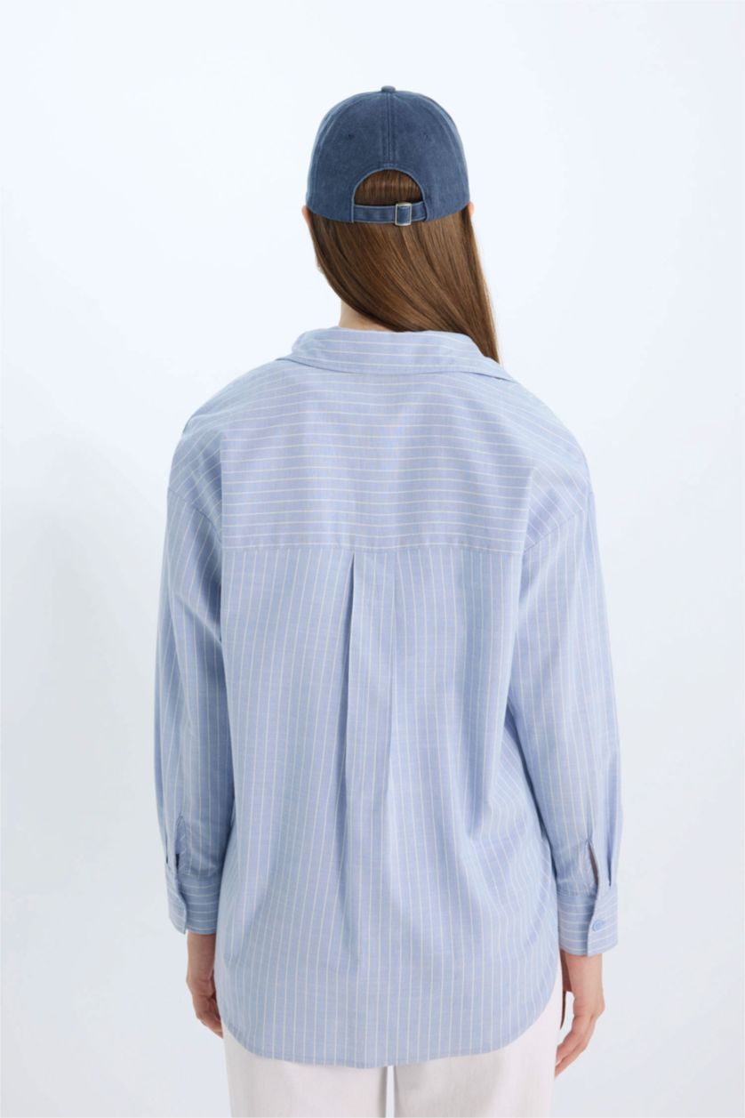 WOMAN Blue Relax Fit Poplin Shirt Collar Long Sleeve Tunic