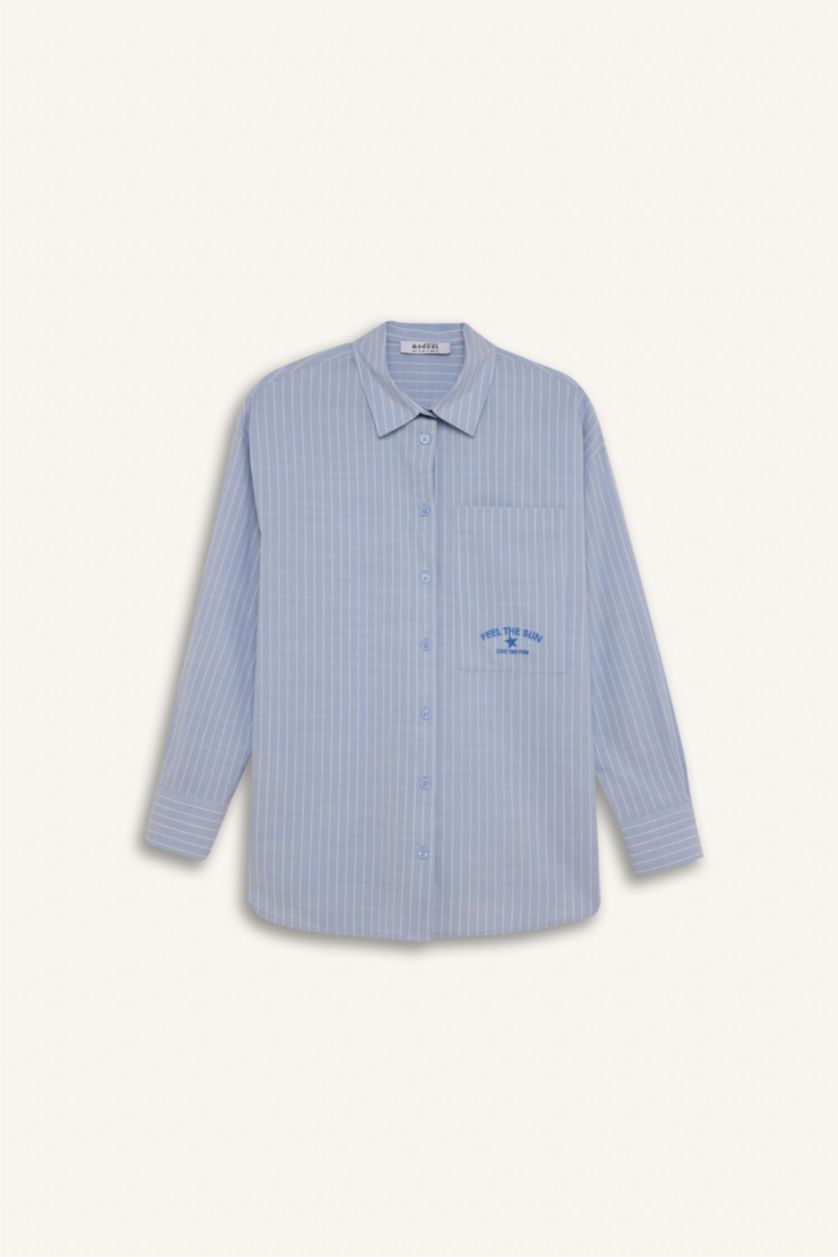 WOMAN Blue Relax Fit Poplin Shirt Collar Long Sleeve Tunic