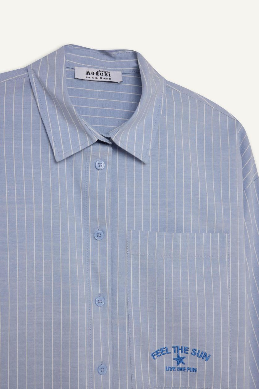 WOMAN Blue Relax Fit Poplin Shirt Collar Long Sleeve Tunic