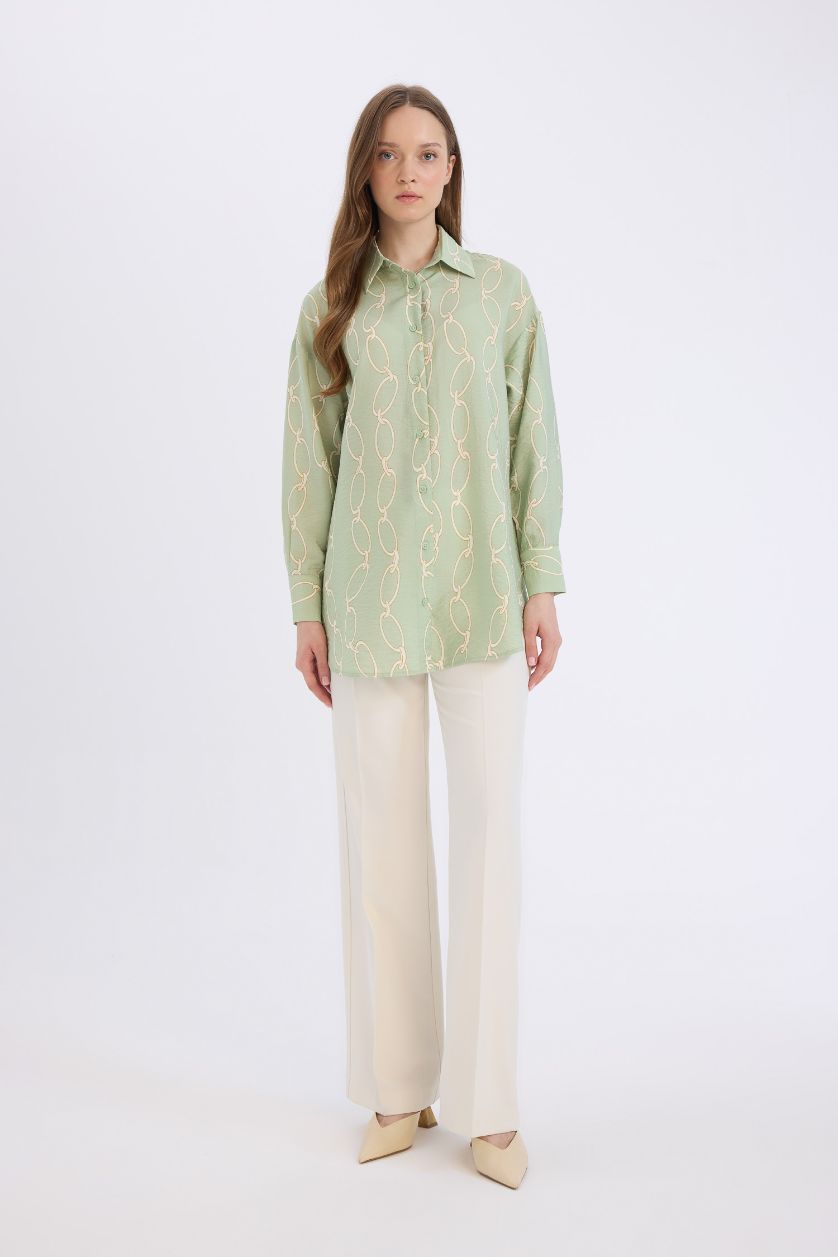 نساء نعناع تونيكة كم طويل برسمة الزنجير قصة مريحة بياقة قميص