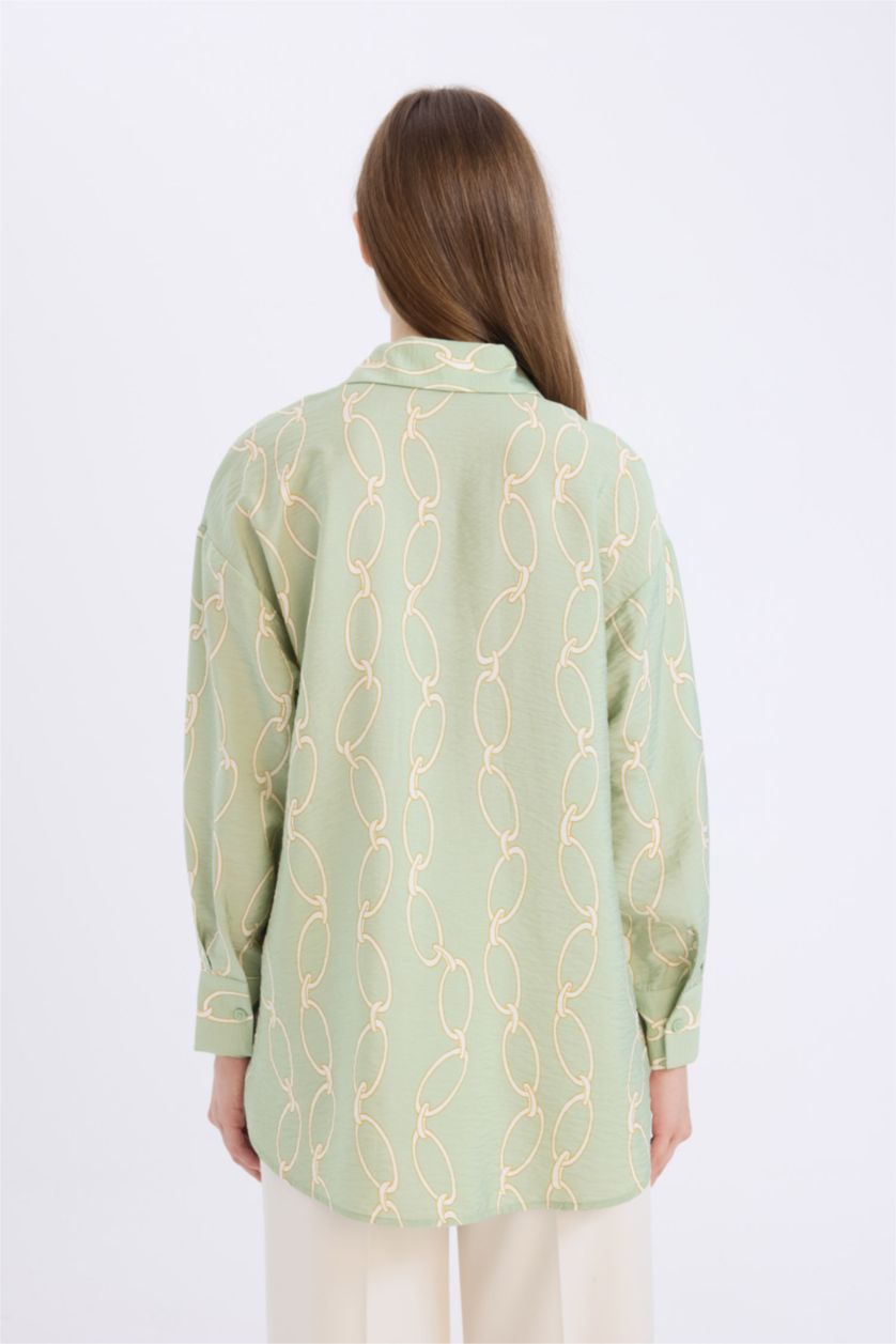 نساء نعناع تونيكة كم طويل برسمة الزنجير قصة مريحة بياقة قميص