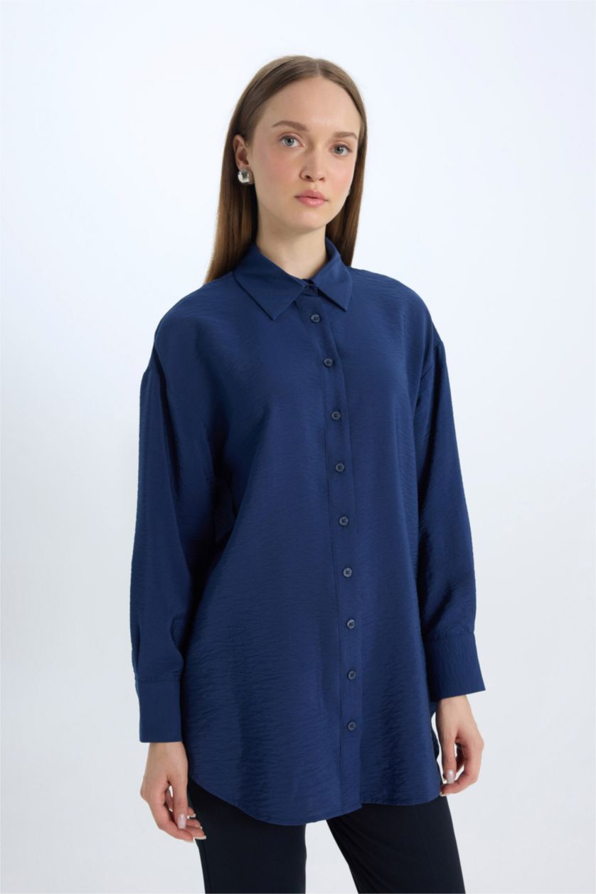 WOMAN NAVY Relax Fit Basic Long Sleeve Shirt Tunic