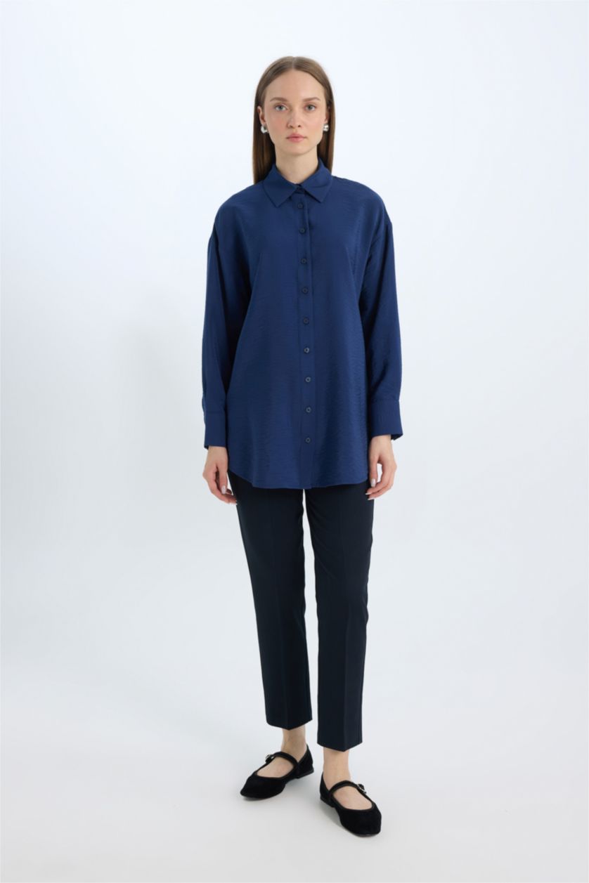 WOMAN NAVY Relax Fit Basic Long Sleeve Shirt Tunic