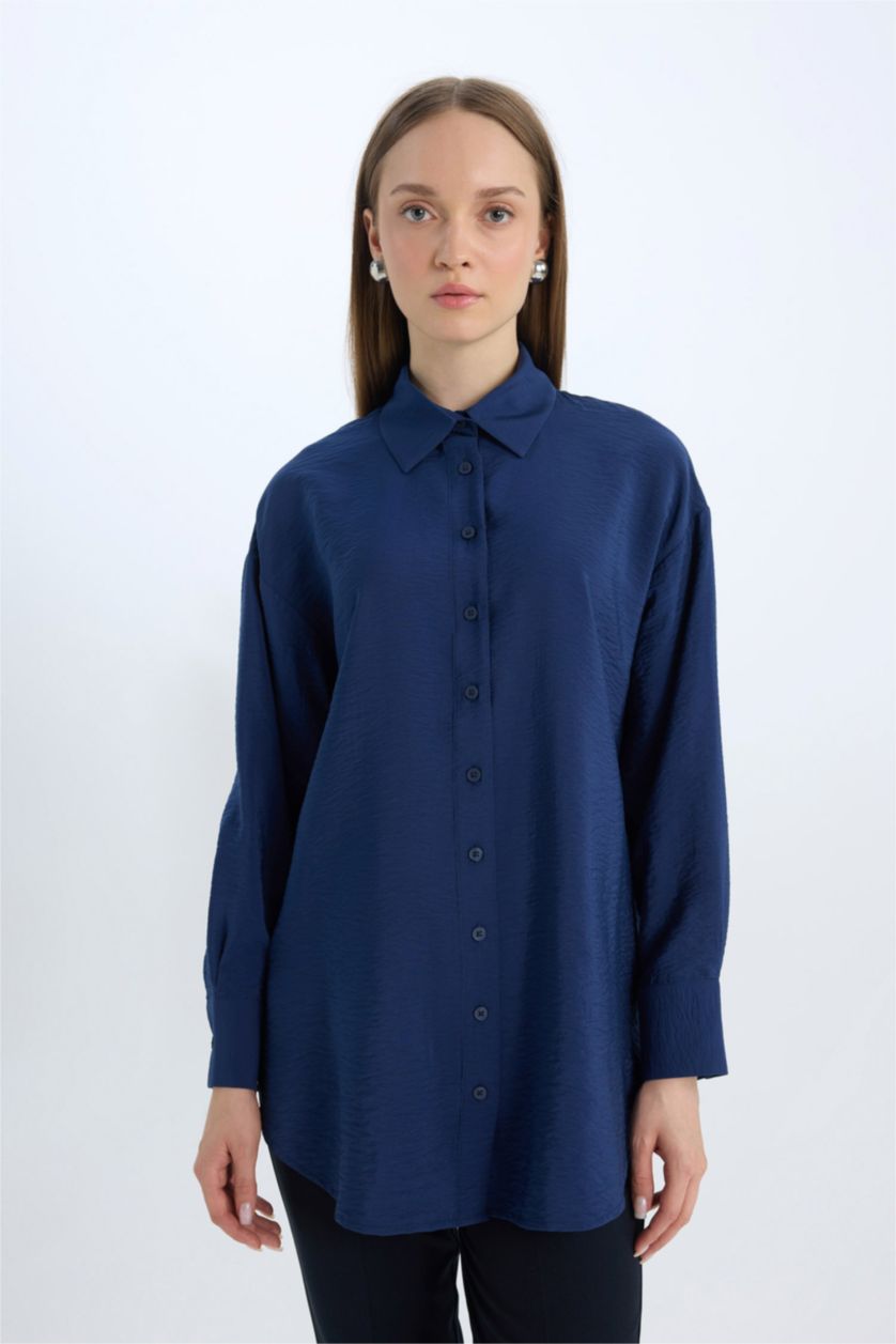 WOMAN NAVY Relax Fit Basic Long Sleeve Shirt Tunic