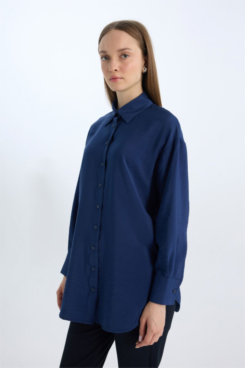 WOMAN NAVY Relax Fit Basic Long Sleeve Shirt Tunic