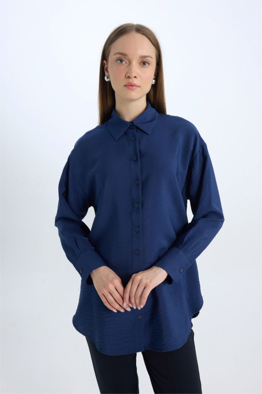 WOMAN NAVY Relax Fit Basic Long Sleeve Shirt Tunic