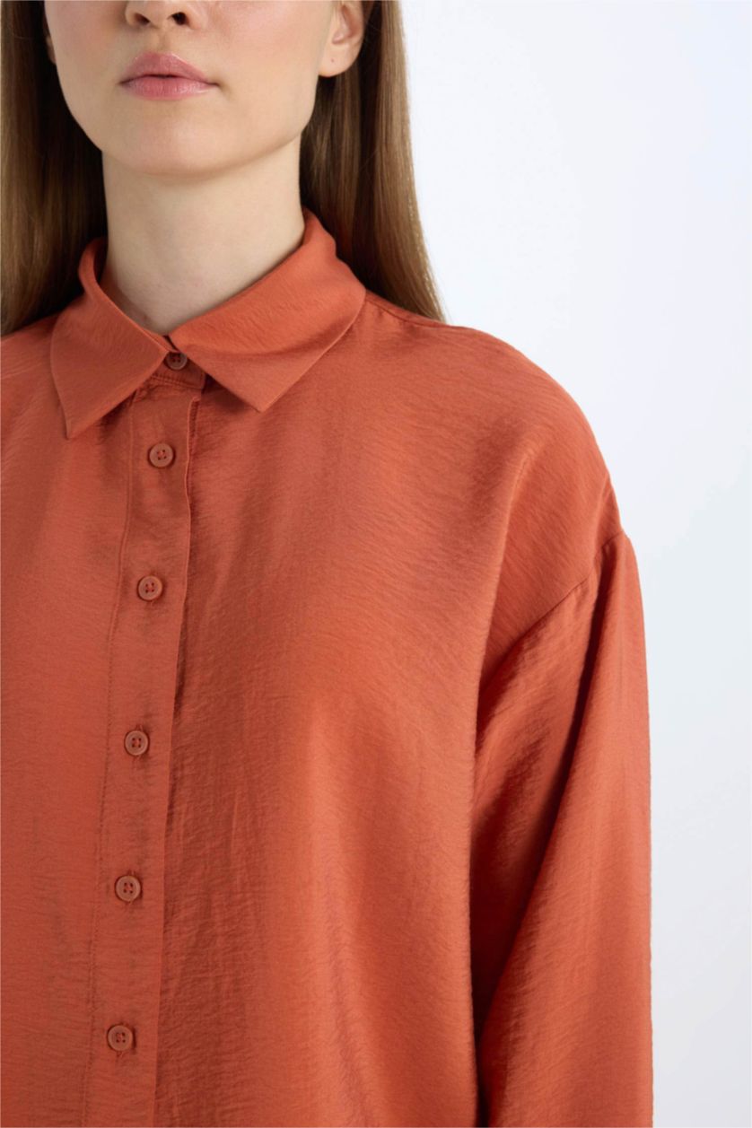 حريمي اللون الطوبي تونيك قميص بيزك كم طويل وقصة مريحة