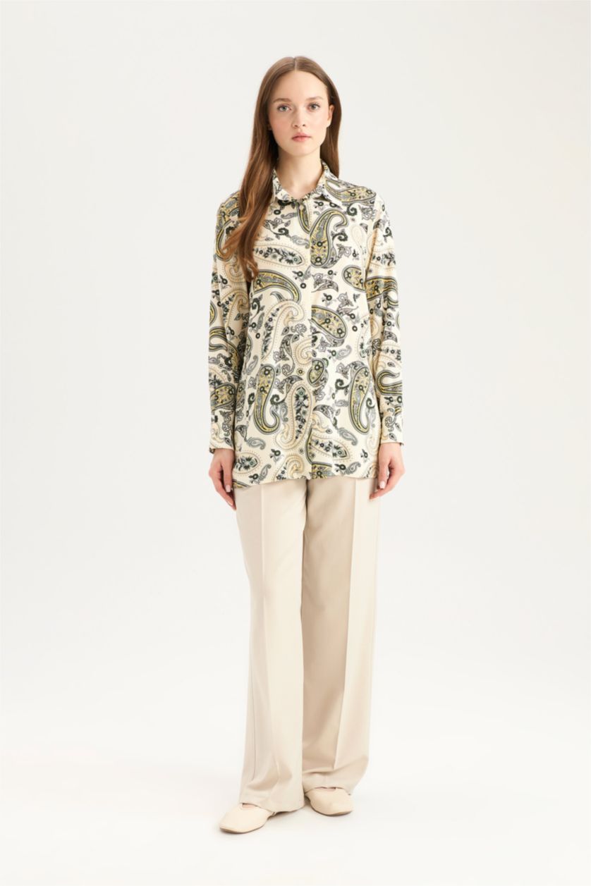 Kadın Bej Relax Fit Gömlek Yaka Desenli Viskon Uzun Kollu Tunik 