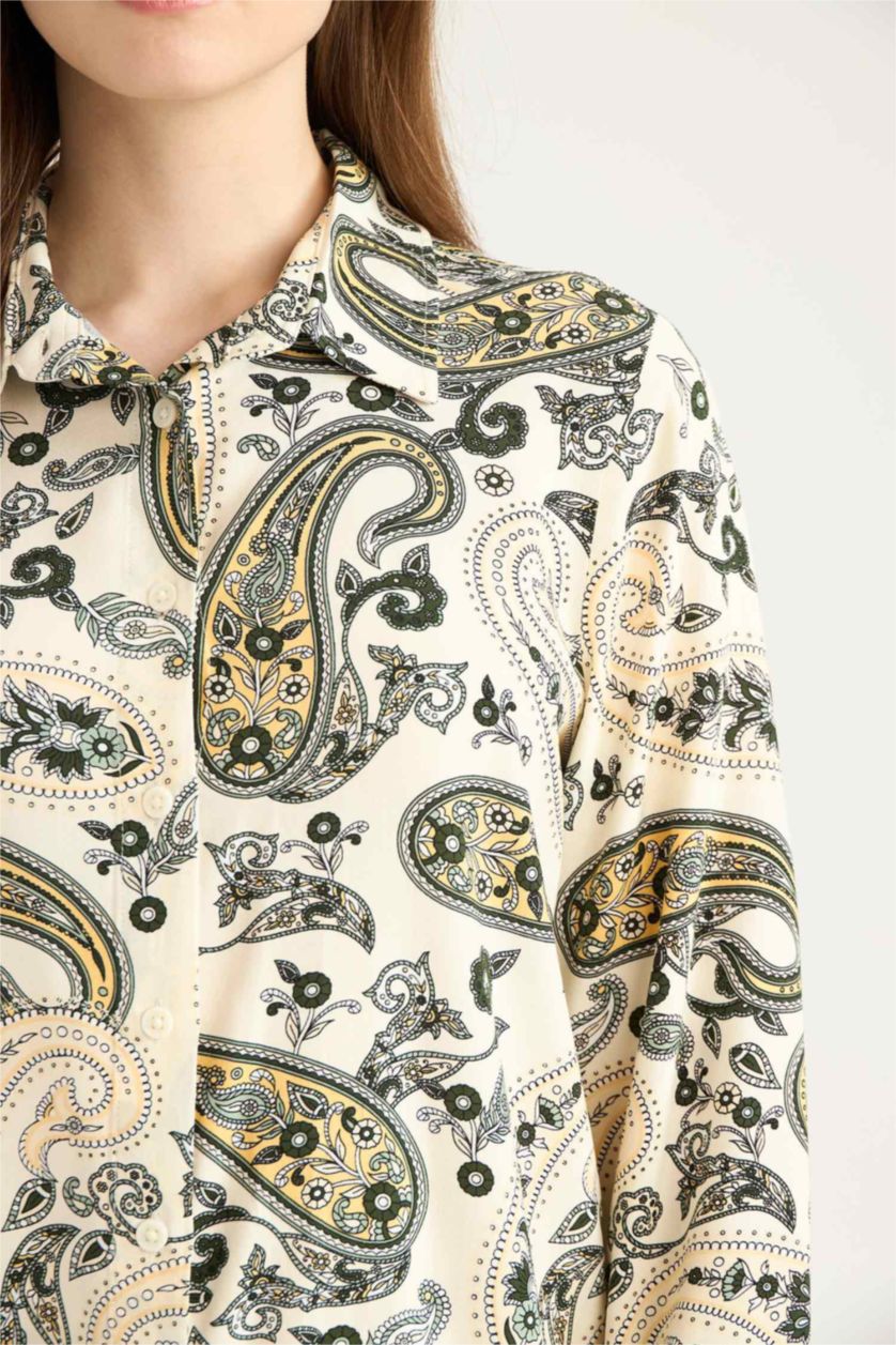 Kadın Bej Relax Fit Gömlek Yaka Desenli Viskon Uzun Kollu Tunik 