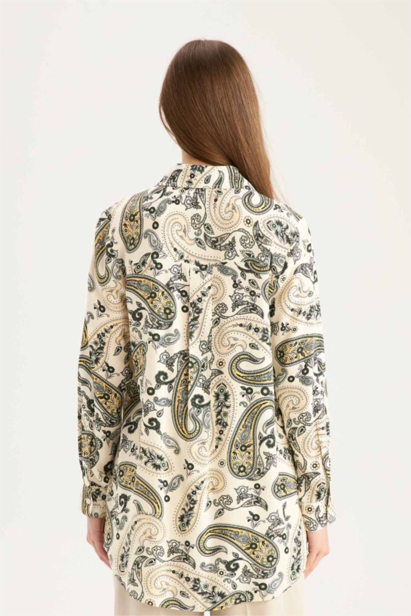 Kadın Bej Relax Fit Gömlek Yaka Desenli Viskon Uzun Kollu Tunik 