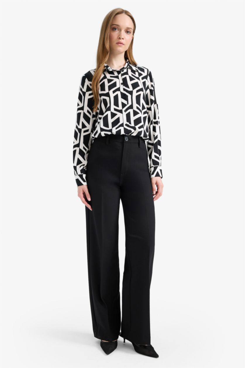 نساء أسود تونيك فيسكوز مطبوع قصة مريحة بياقة قميص