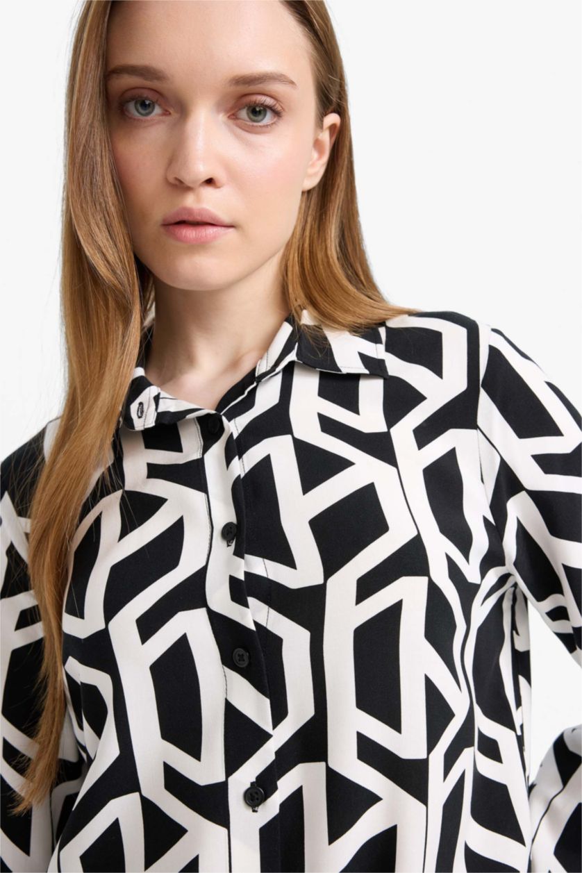 نساء أسود تونيك فيسكوز مطبوع قصة مريحة بياقة قميص