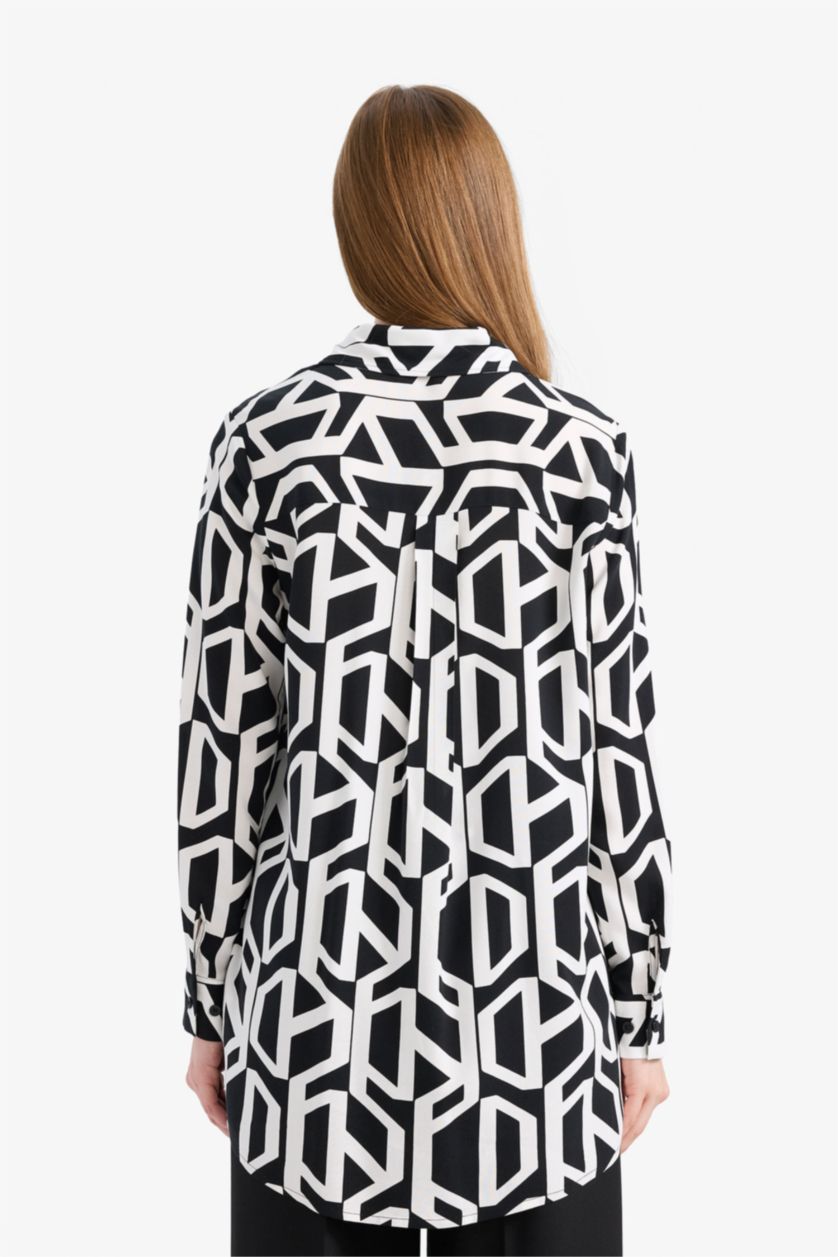 نساء أسود تونيك فيسكوز مطبوع قصة مريحة بياقة قميص