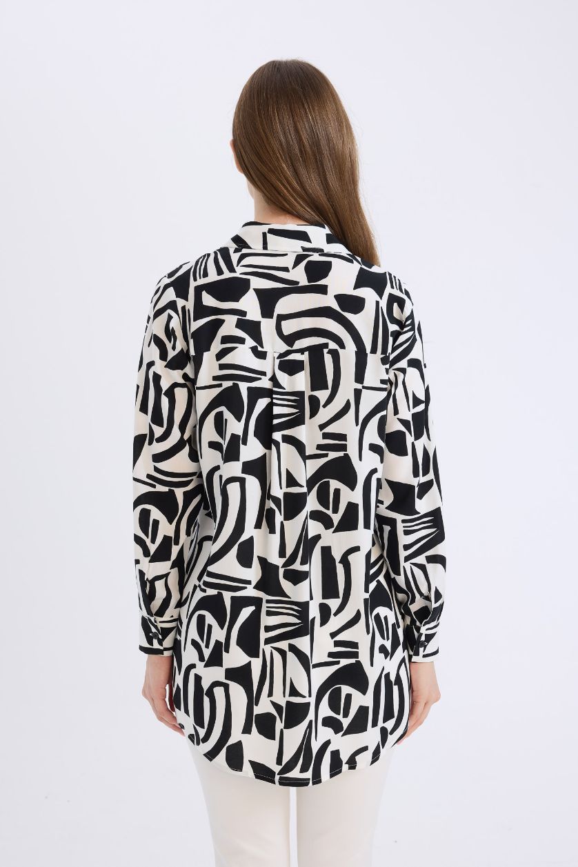 Kadın Siyah Relax Fit Gömlek Yaka Desenli Viskon Uzun Kollu Tunik