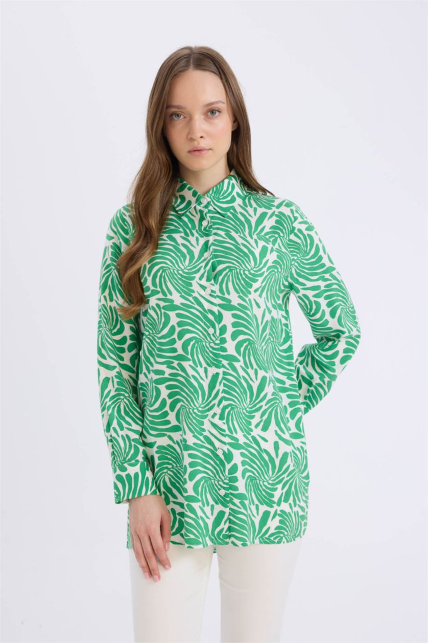 Kadın Ekru Relax Fit Gömlek Yaka Desenli Viskon Uzun Kollu Tunik
