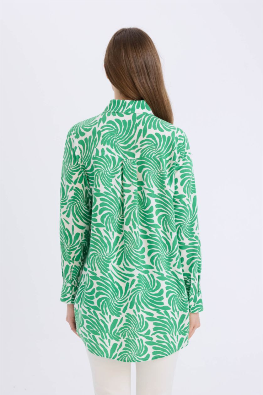 Kadın Ekru Relax Fit Gömlek Yaka Desenli Viskon Uzun Kollu Tunik
