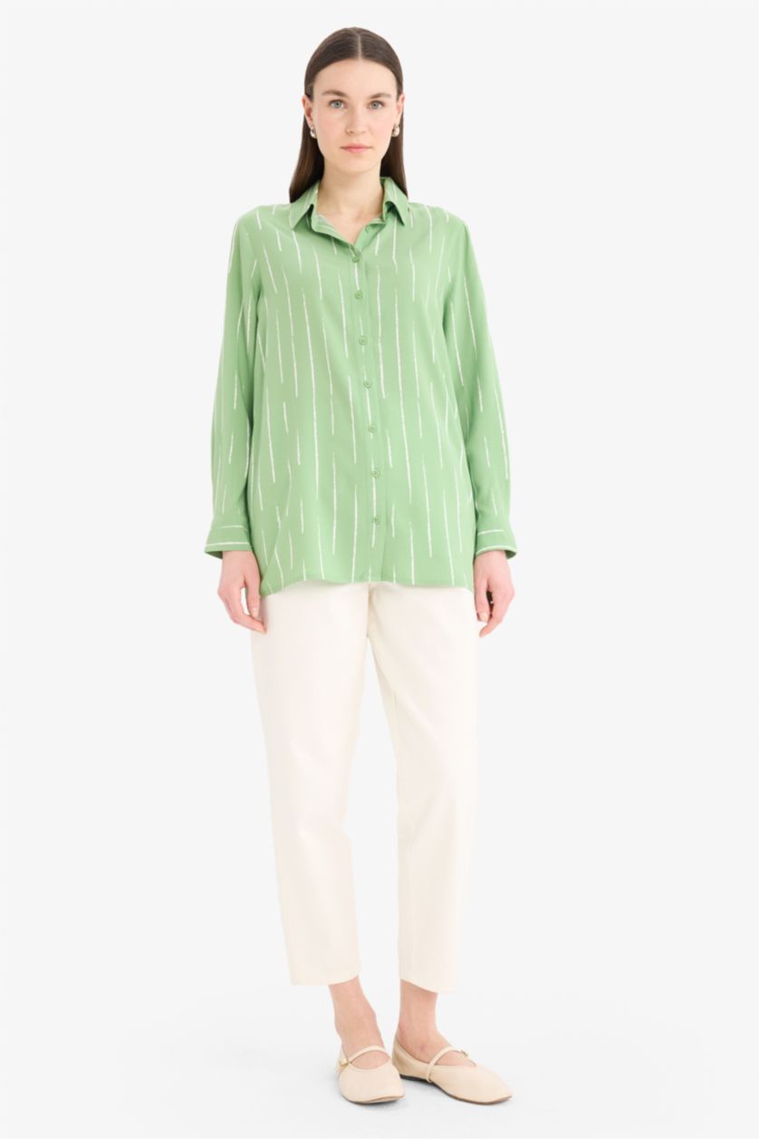 نساء أخضر تونيك فيسكوز مطبوع قصة مريحة بياقة قميص