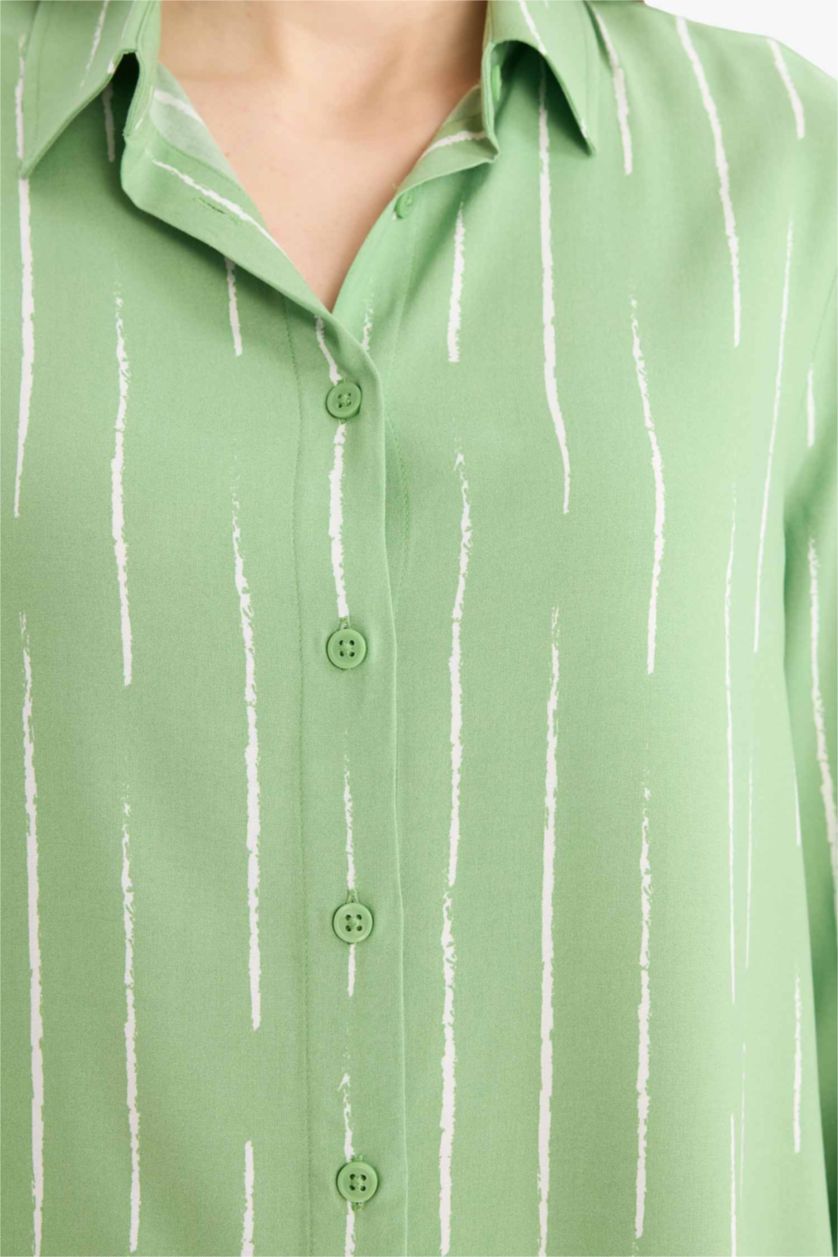 نساء أخضر تونيك فيسكوز مطبوع قصة مريحة بياقة قميص