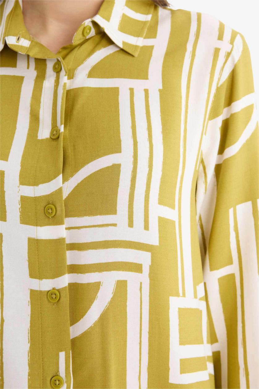 نساء أخضر تونيك فيسكوز مطبوع قصة مريحة بياقة قميص