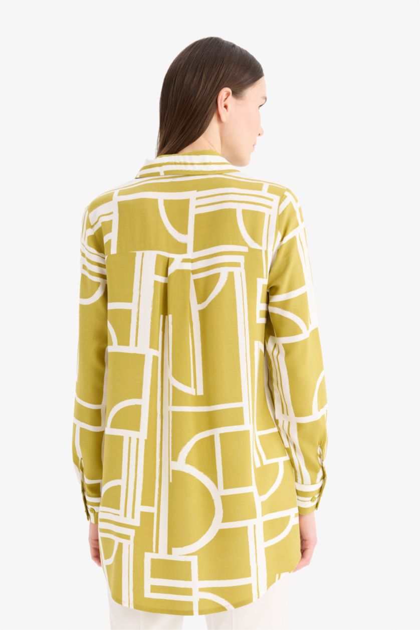 نساء أخضر تونيك فيسكوز مطبوع قصة مريحة بياقة قميص