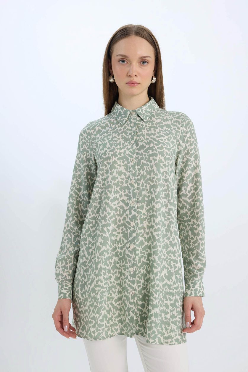 Kadın Açık Haki Relax Fit Gömlek Yaka Desenli  Viskon Uzun Kollu Tunik