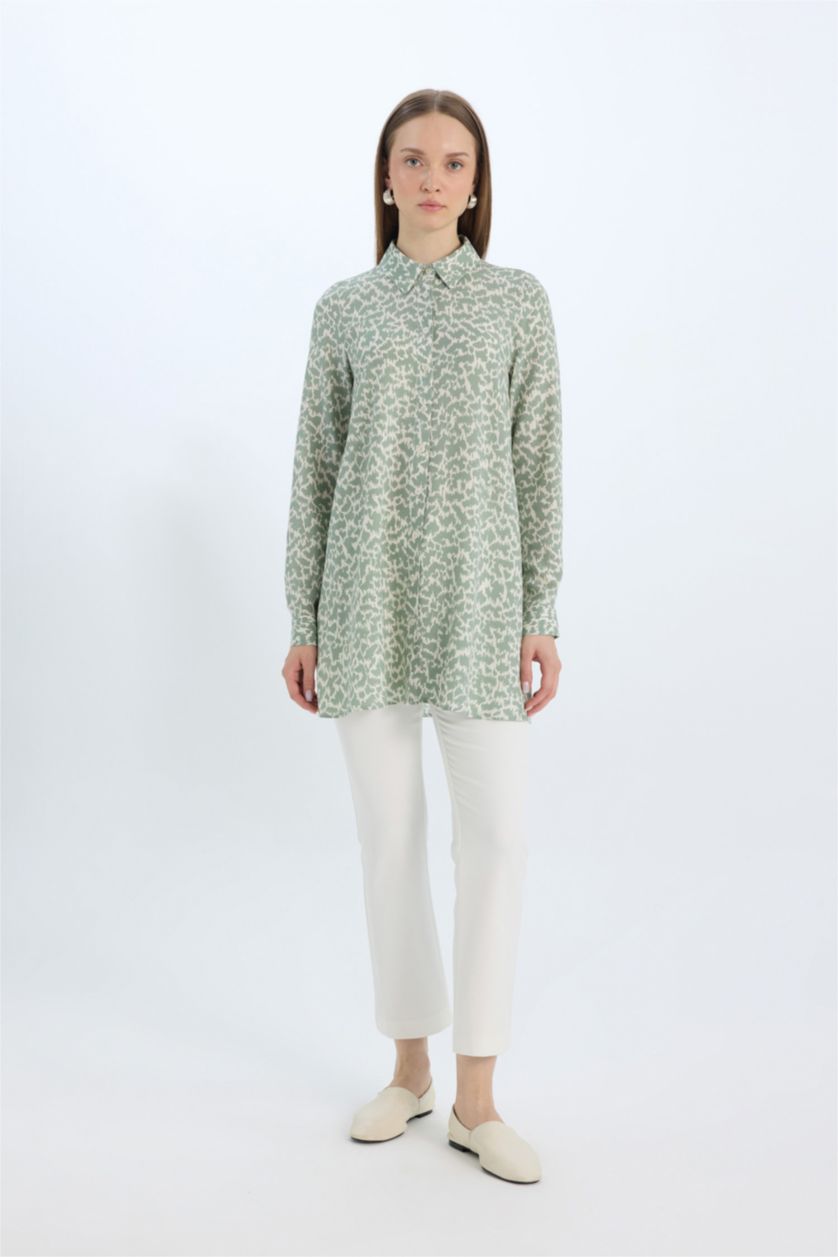Kadın Açık Haki Relax Fit Gömlek Yaka Desenli  Viskon Uzun Kollu Tunik