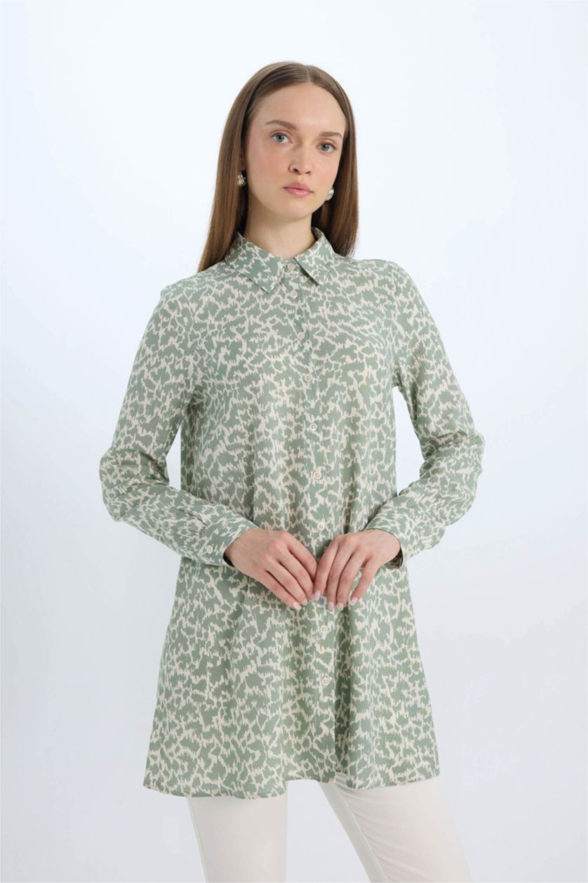 Kadın Açık Haki Relax Fit Gömlek Yaka Desenli  Viskon Uzun Kollu Tunik