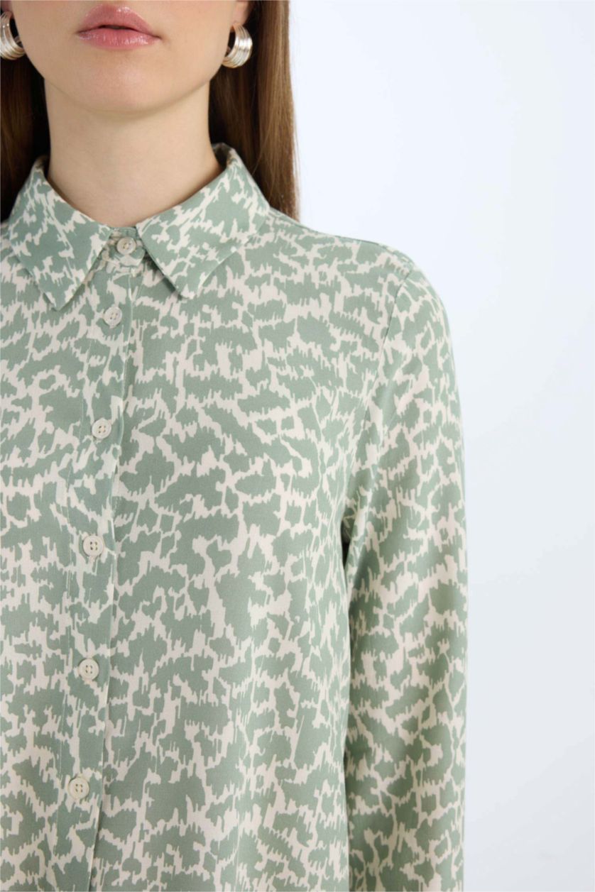 Kadın Açık Haki Relax Fit Gömlek Yaka Desenli  Viskon Uzun Kollu Tunik