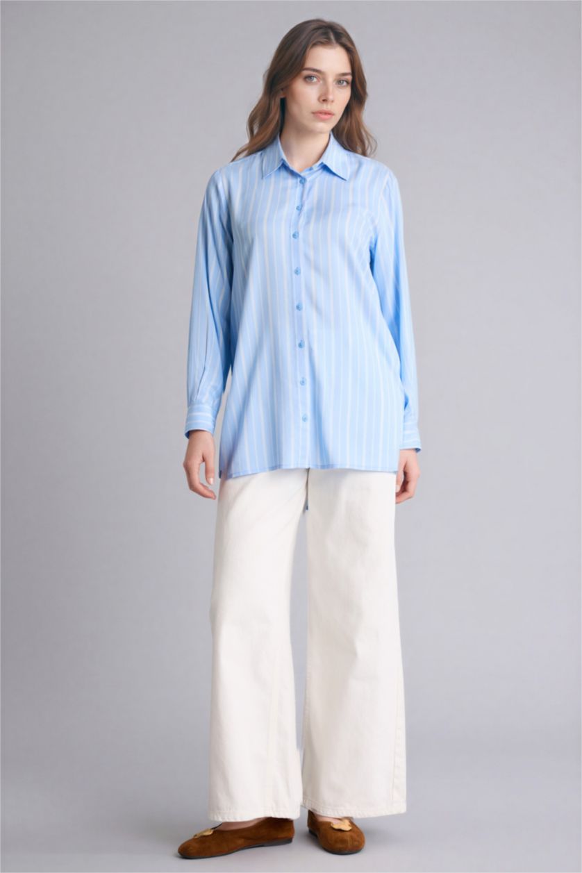 Woman Blue Relax Fit Viscose Long Sleeve Tunic