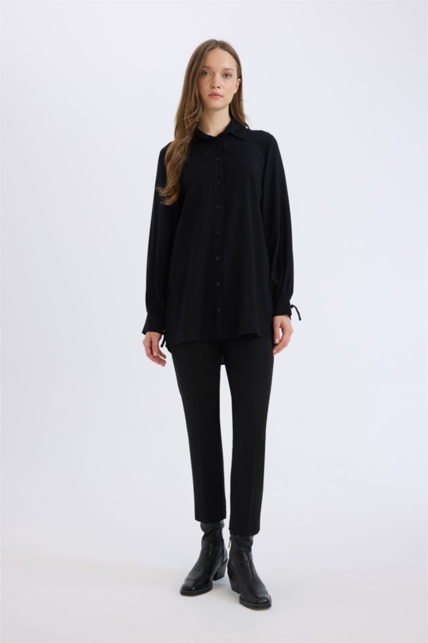 Kadın Siyah Regular Fit Basic Düz Viskon Uzun Kollu Gömlek Tunik