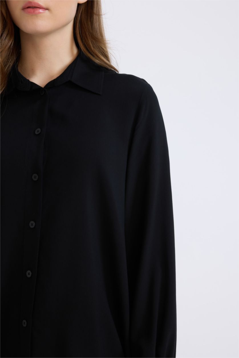 Kadın Siyah Regular Fit Basic Düz Viskon Uzun Kollu Gömlek Tunik