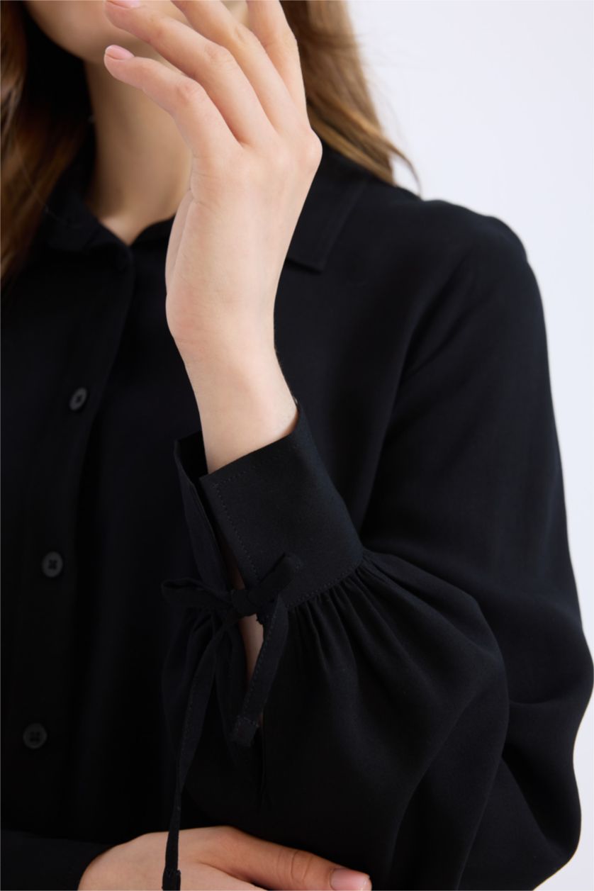 Kadın Siyah Regular Fit Basic Düz Viskon Uzun Kollu Gömlek Tunik